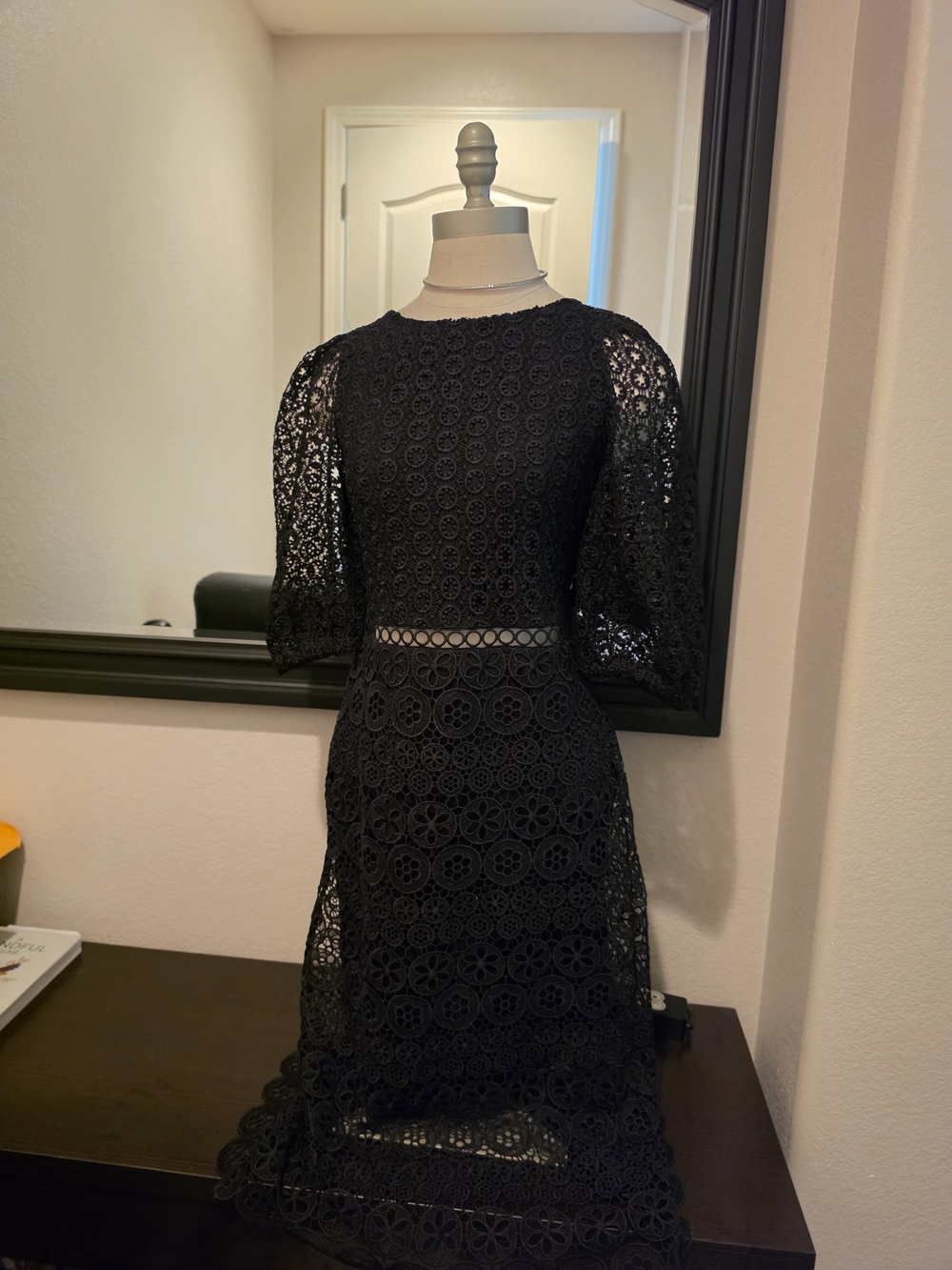 Express Black Lace Midi Dress with Puff Sleeves